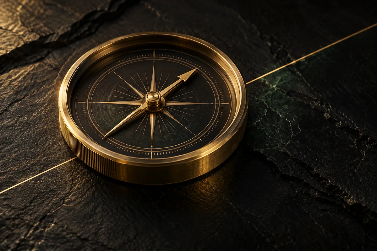 Brass navigation compass with a northeast-pointing needle on dark slate