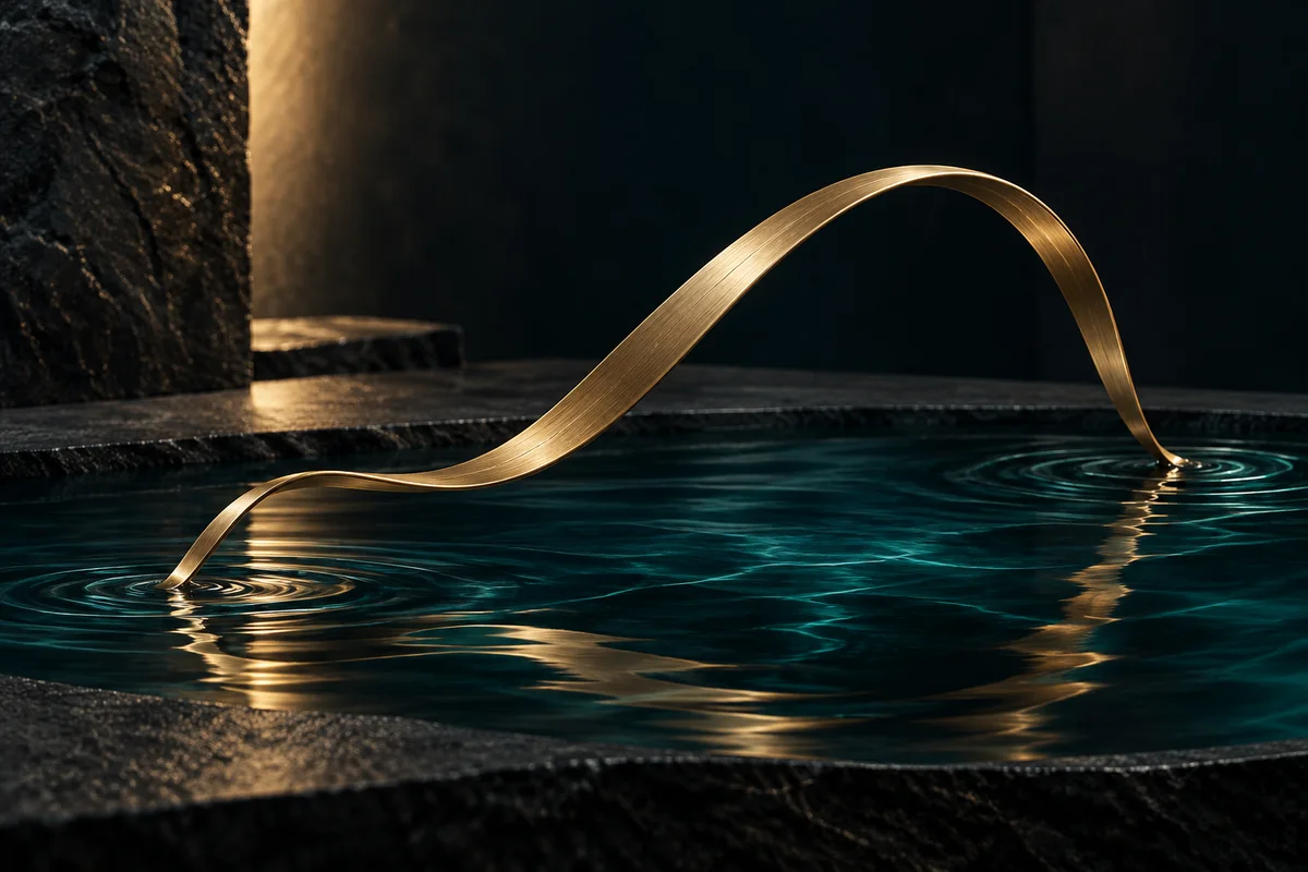 A single brass ribbon curves above dark teal water, making delicate ripples