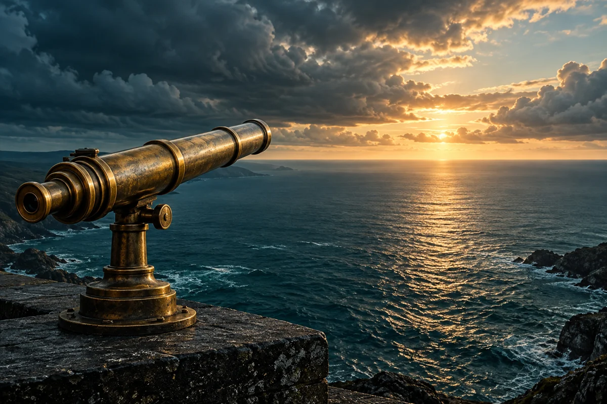 An aged brass telescope looks across a dark sea toward a golden horizon