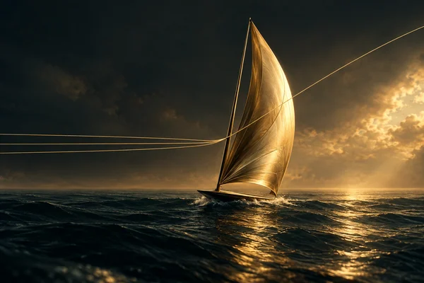 Golden brass sail over dark teal water