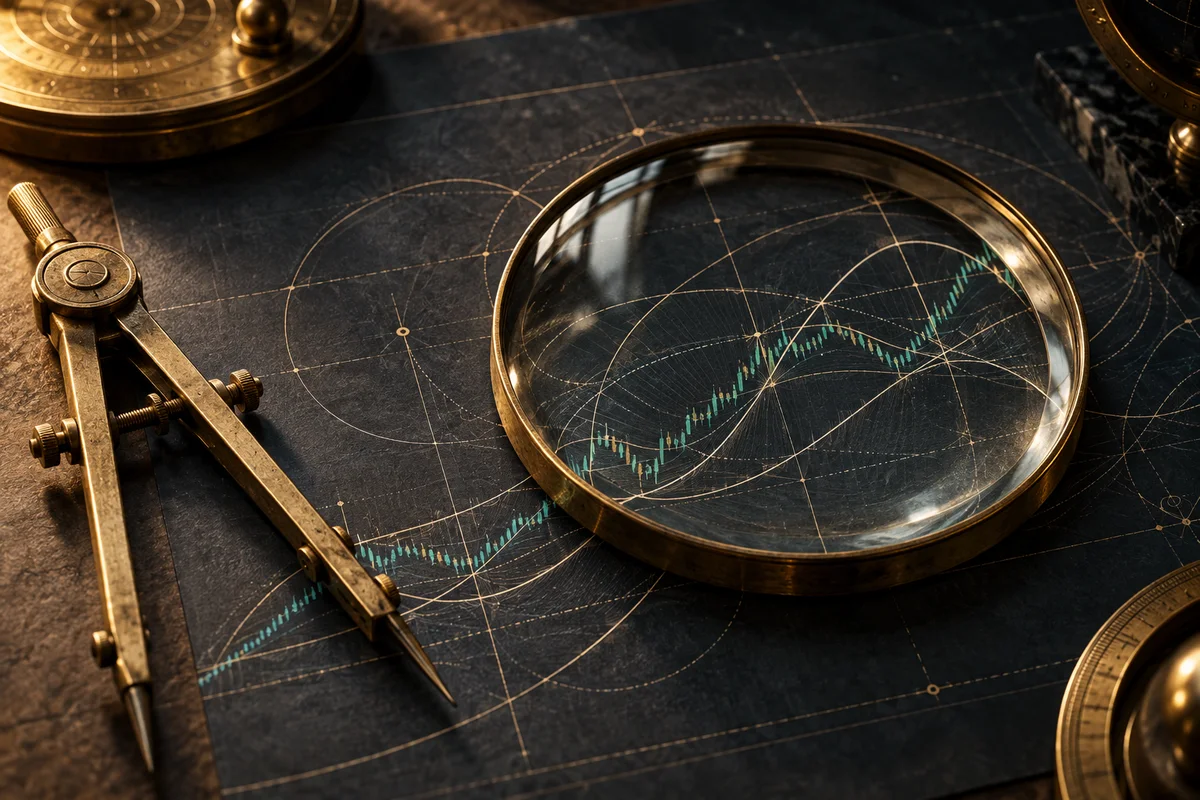 Brass drafting compass and magnifying lens over geometric curves on dark paper