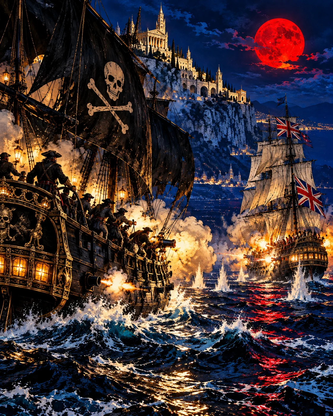 A pirate ship with black skull-and-crossbones sails exchanges cannon fire with a British-flagged vessel beneath a red moon.