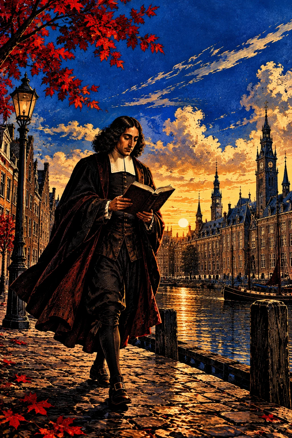 An imagined portrait of Spinoza reading a book beside a canal at sunset, beneath red autumn leaves.