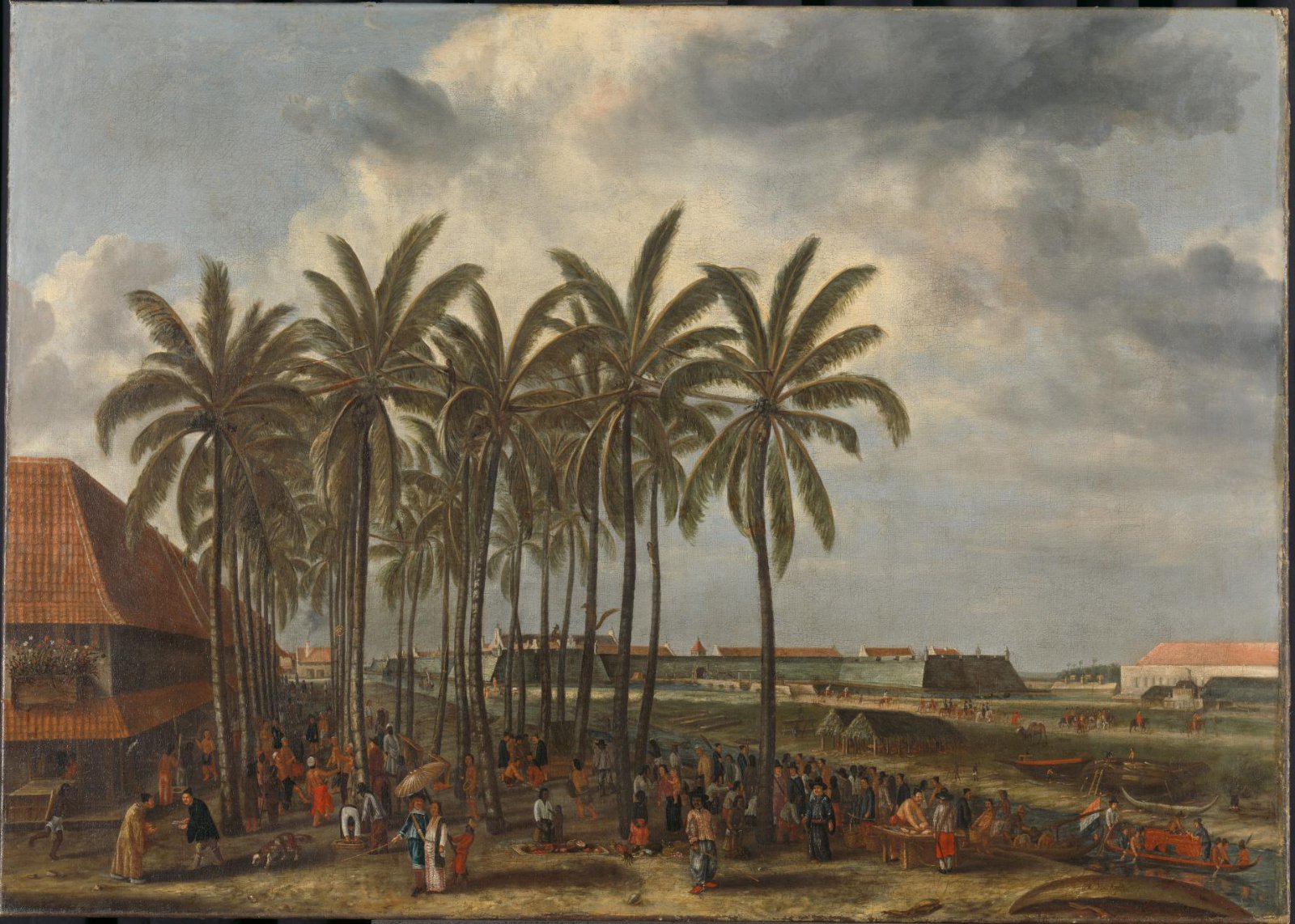 Palm trees and groups of people in front of Batavia’s castle, arranged in a broad seventeenth-century painted cityscape.