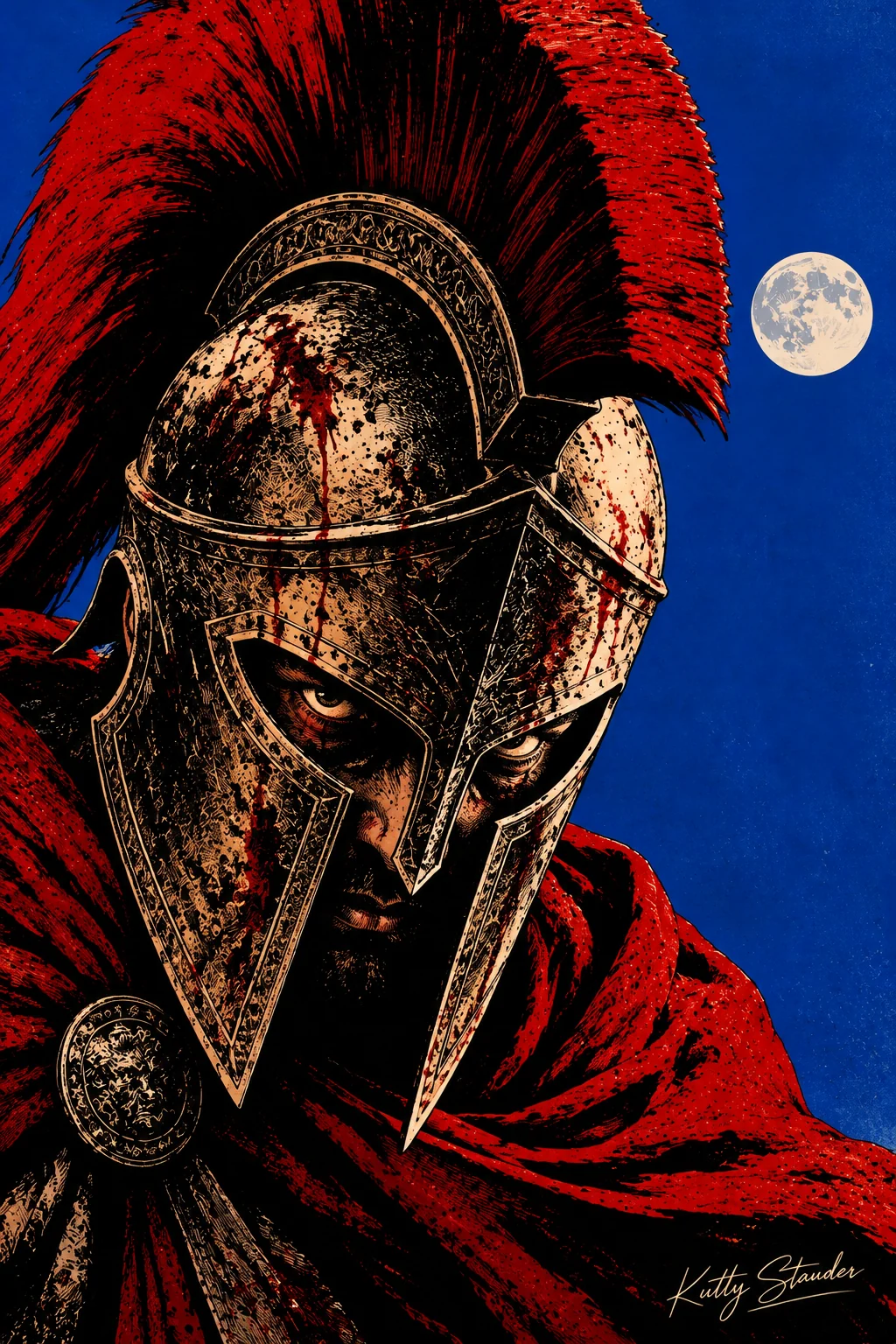 A close portrait of a warrior looking through a weathered bronze helmet with a red crest, against a blue sky and pale moon.