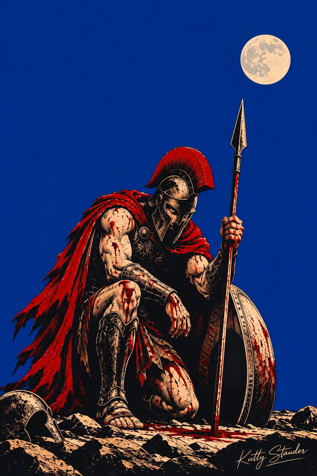 A wounded warrior in a red cloak kneels beside his shield, resting on a spear beneath a pale moon in a deep blue sky.